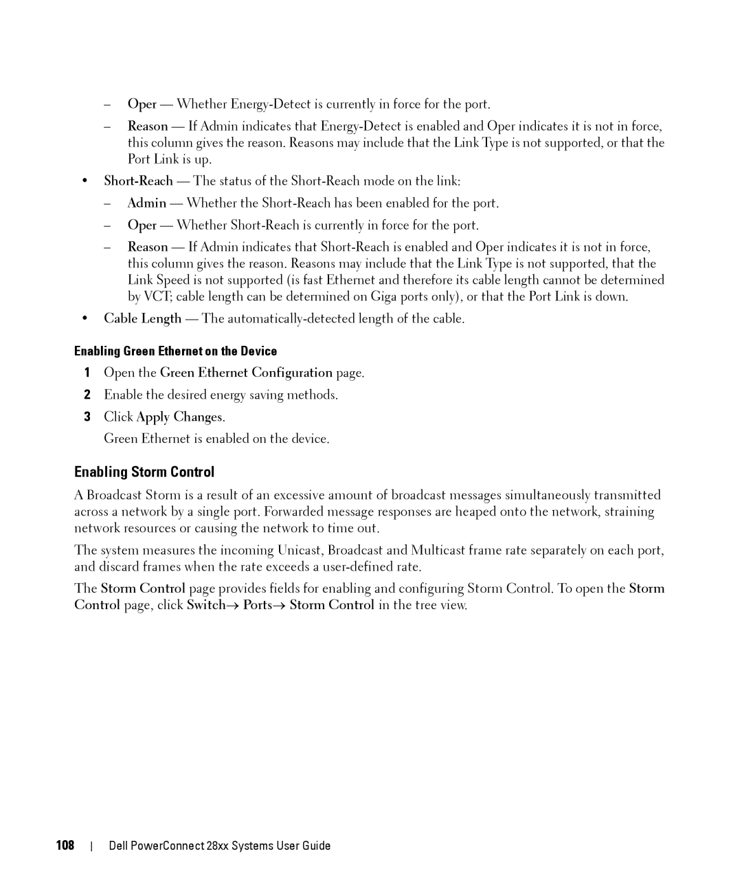 Dell 28XX manual Enabling Storm Control, Enabling Green Ethernet on the Device, Open the Green Ethernet Configuration, 108 