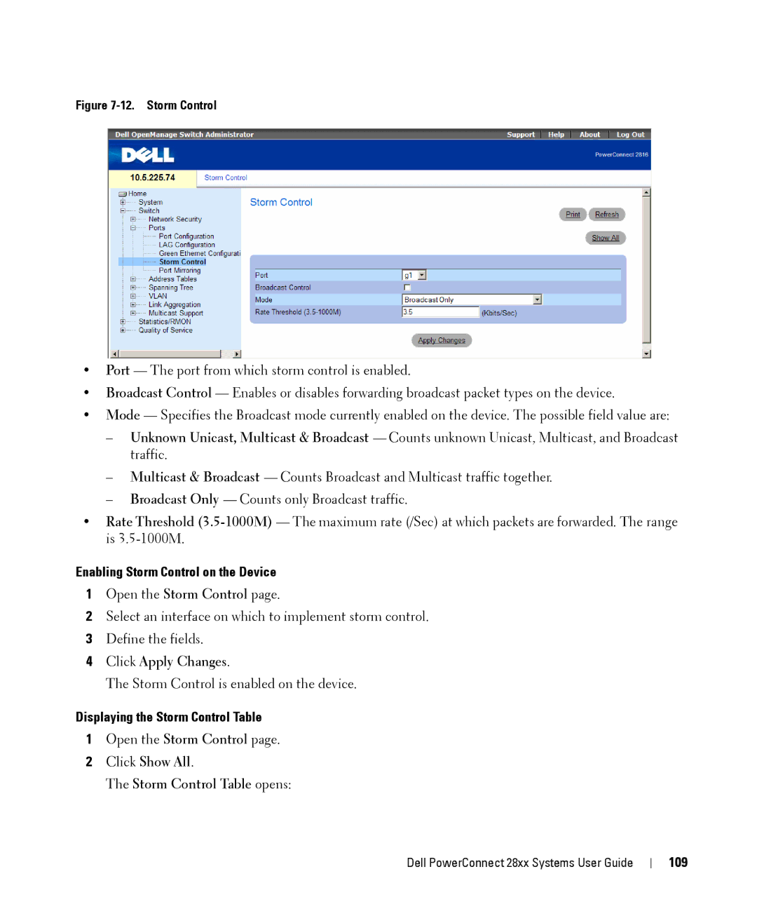 Dell 28XX manual Enabling Storm Control on the Device, Displaying the Storm Control Table, 109 