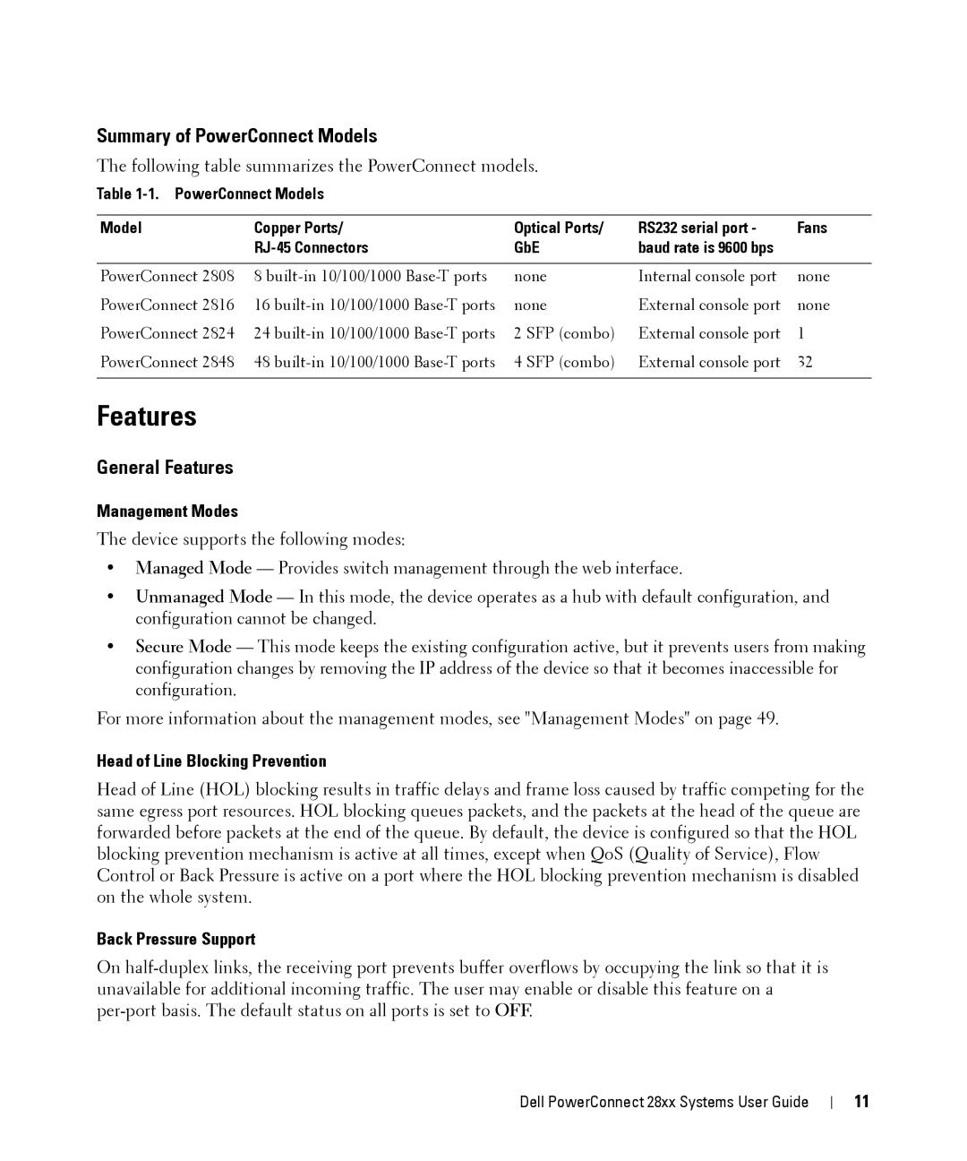 Dell 28XX manual Summary of PowerConnect Models, General Features 