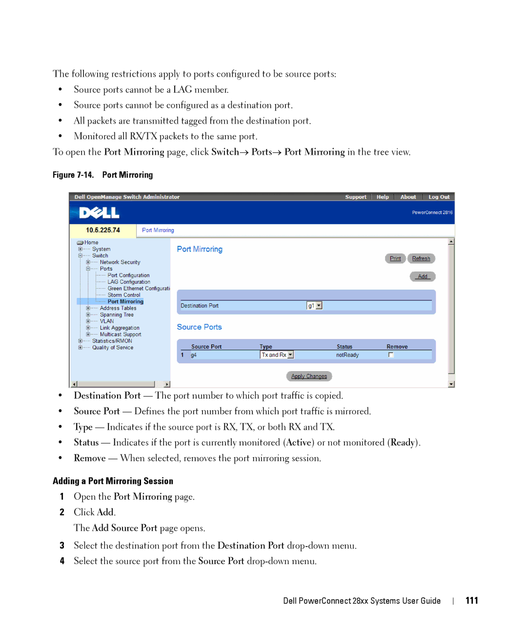 Dell 28XX manual Adding a Port Mirroring Session, Open the Port Mirroring, Add Source Port page opens, 111 