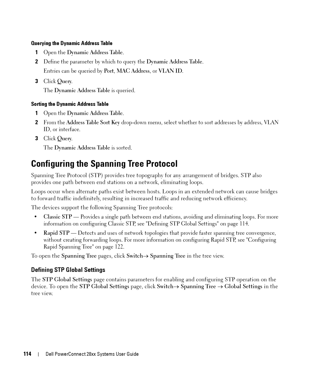 Dell 28XX Configuring the Spanning Tree Protocol, Defining STP Global Settings, Querying the Dynamic Address Table, 114 