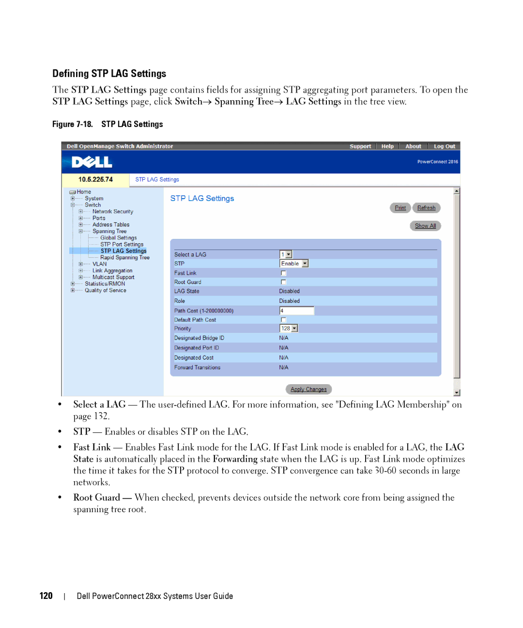 Dell 28XX manual Defining STP LAG Settings, 120 