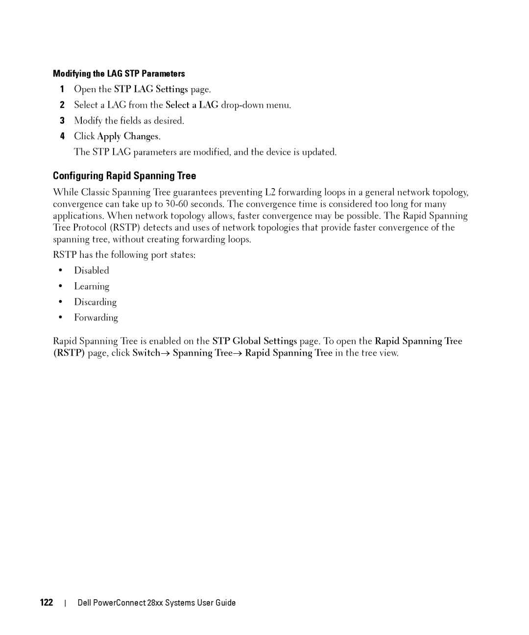 Dell 28XX manual Configuring Rapid Spanning Tree, Modifying the LAG STP Parameters, Open the STP LAG Settings, 122 