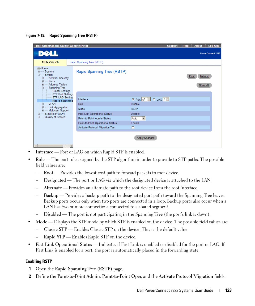 Dell 28XX manual Enabling Rstp, 123 