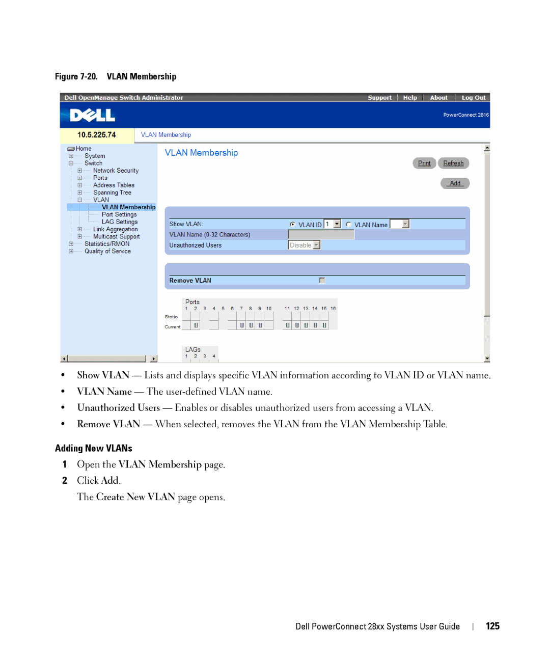 Dell 28XX manual Adding New VLANs, Open the Vlan Membership, Create New Vlan page opens, 125 