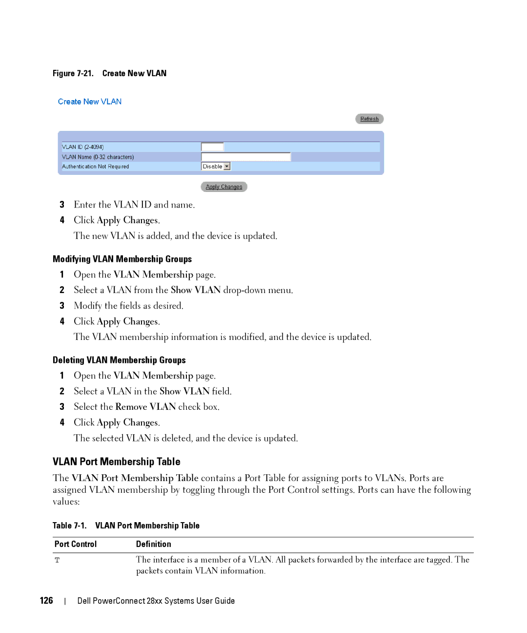 Dell 28XX manual Vlan Port Membership Table, Modifying Vlan Membership Groups, Deleting Vlan Membership Groups, 126 