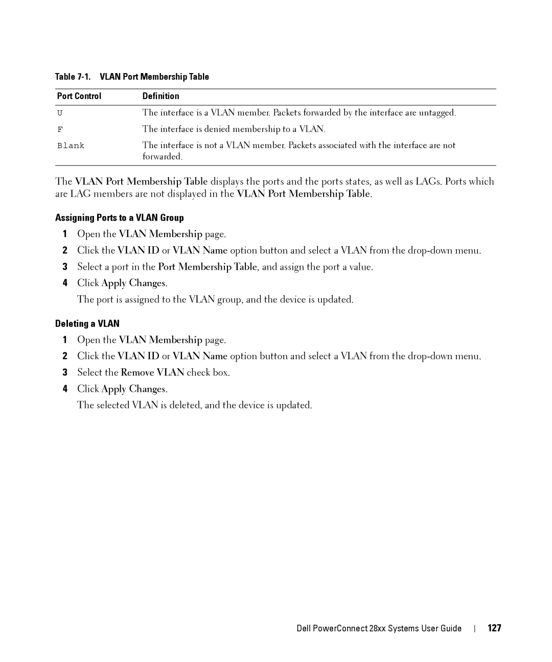 Dell 28XX manual Assigning Ports to a Vlan Group, Deleting a Vlan, 127 