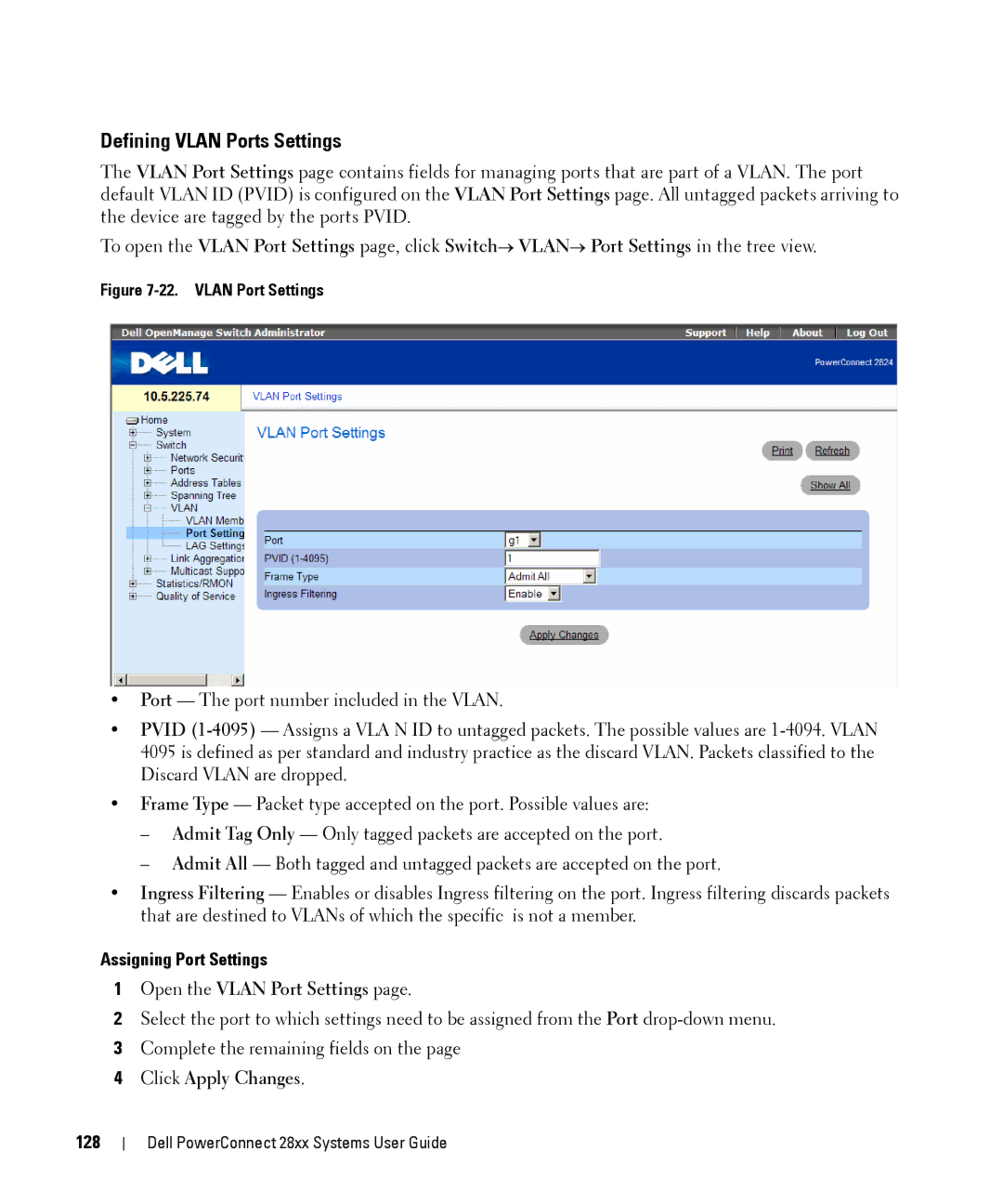 Dell 28XX manual Defining Vlan Ports Settings, Assigning Port Settings, Open the Vlan Port Settings, 128 