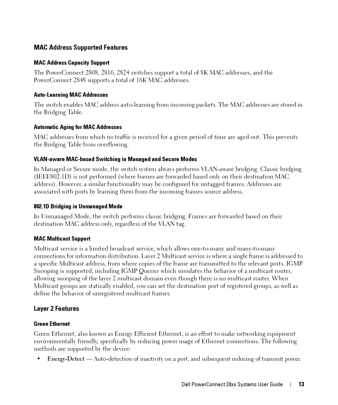 Dell 28XX manual MAC Address Supported Features, Layer 2 Features 