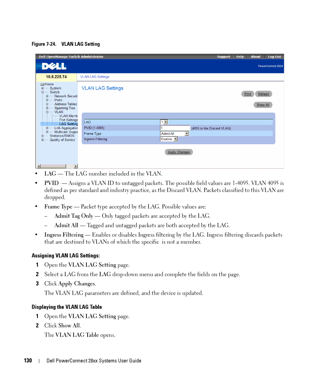 Dell 28XX manual Assigning Vlan LAG Settings, Open the Vlan LAG Setting, Displaying the Vlan LAG Table, 130 