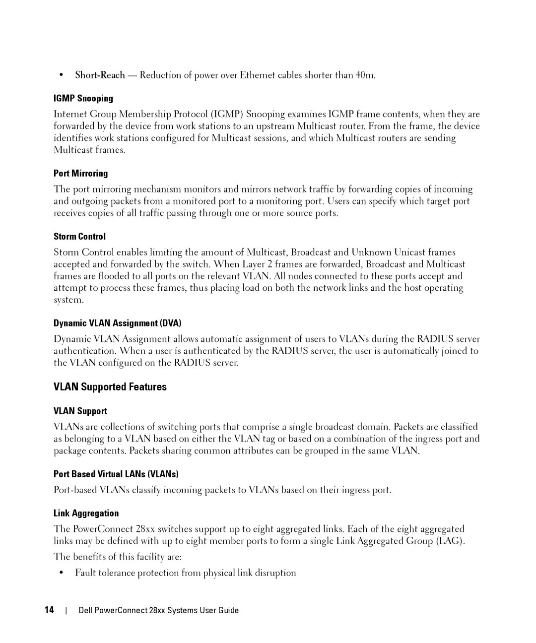 Dell 28XX manual Vlan Supported Features 