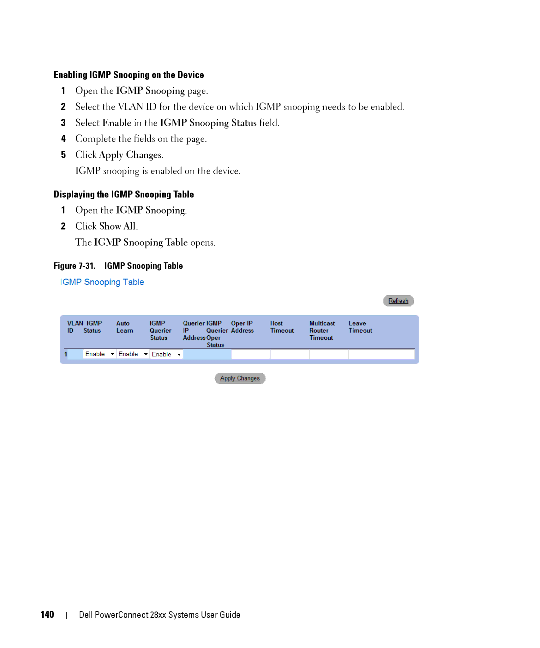 Dell 28XX manual Displaying the Igmp Snooping Table, 140 