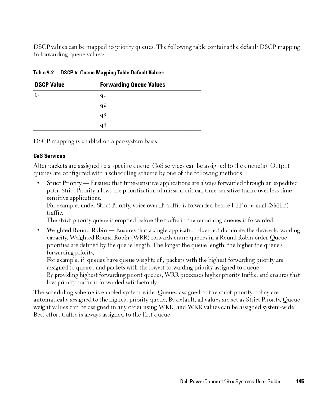 Dell 28XX manual Dscp Value Forwarding Queue Values, CoS Services, 145 