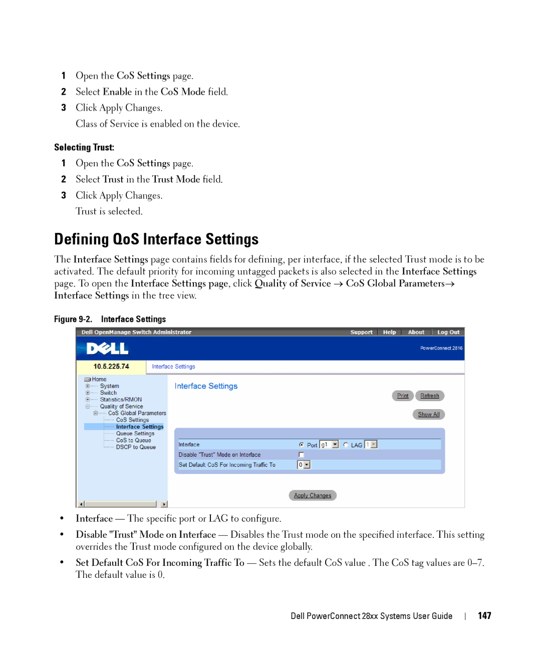 Dell 28XX manual Defining QoS Interface Settings, Selecting Trust, 147 