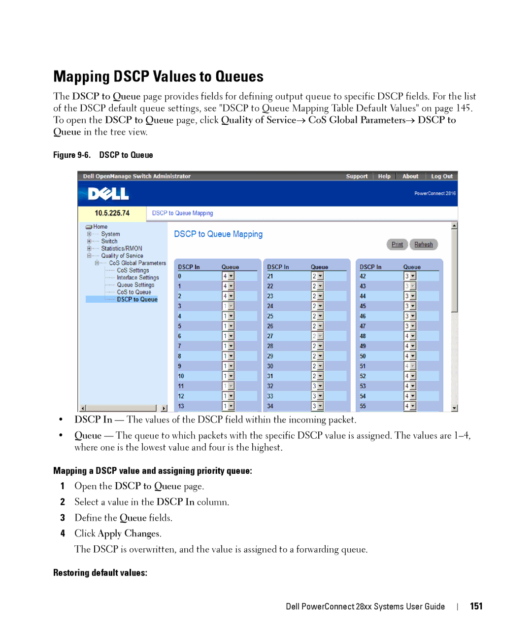 Dell 28XX Mapping Dscp Values to Queues, Mapping a Dscp value and assigning priority queue, Restoring default values, 151 