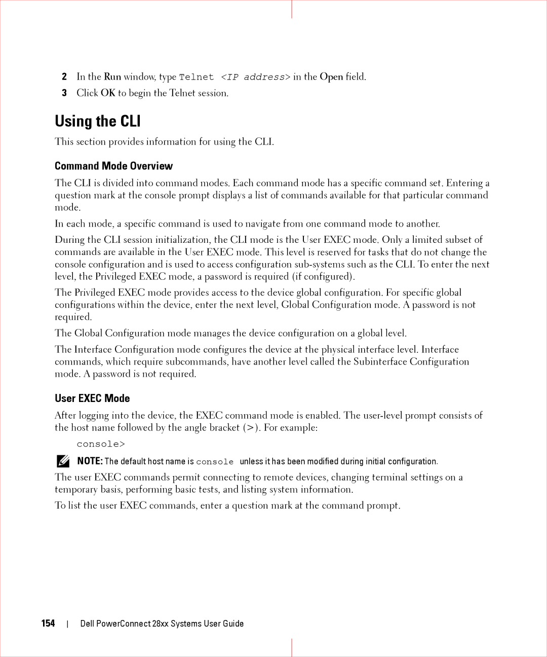 Dell 28XX manual Using the CLI, Command Mode Overview, User Exec Mode, 154 