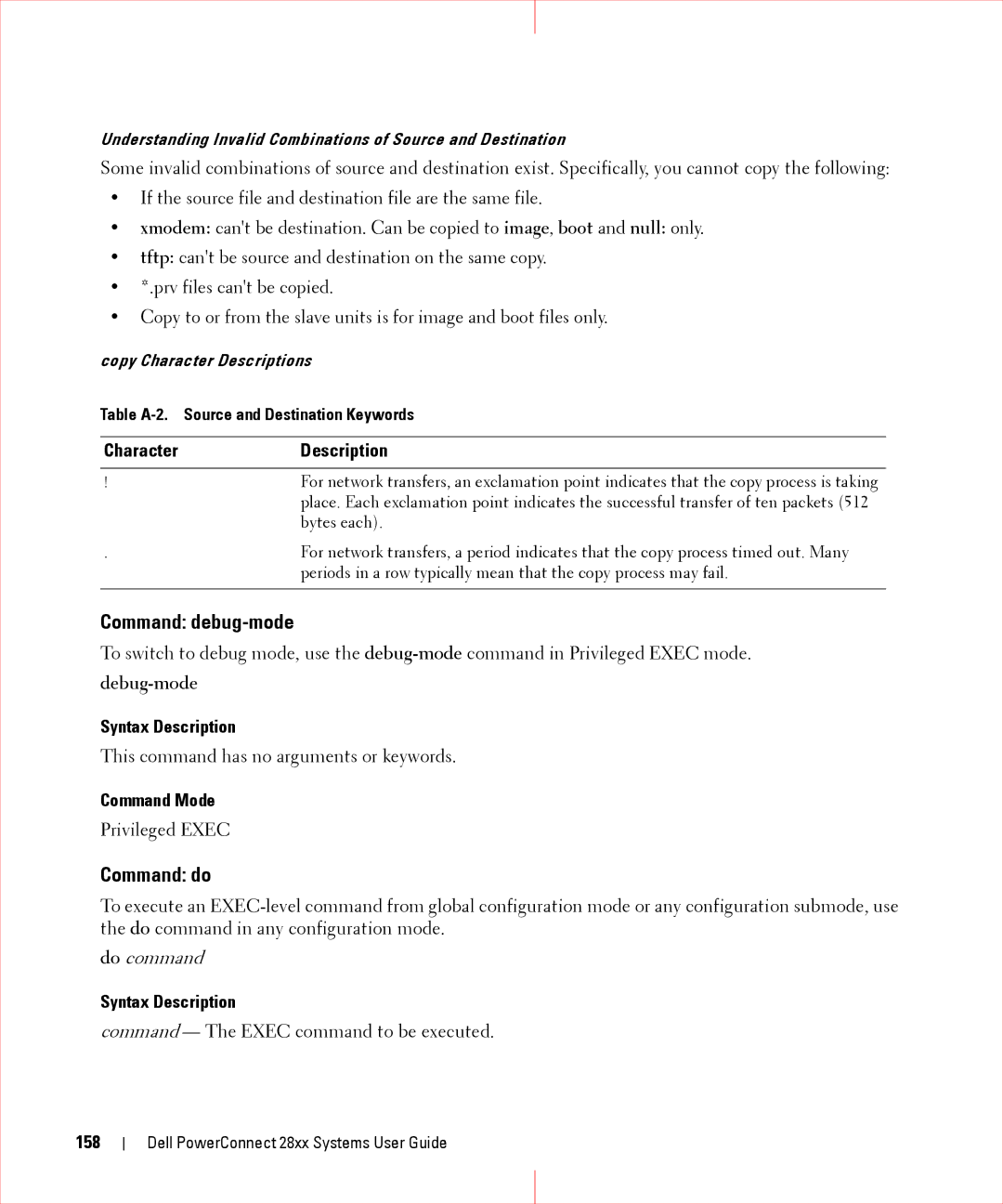 Dell 28XX manual Command debug-mode, Command do, Character Description, Debug-mode, 158 