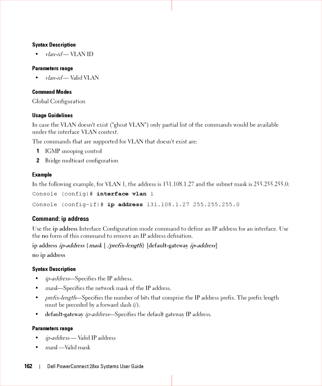 Dell 28XX manual Command ip address, No ip address, 162 