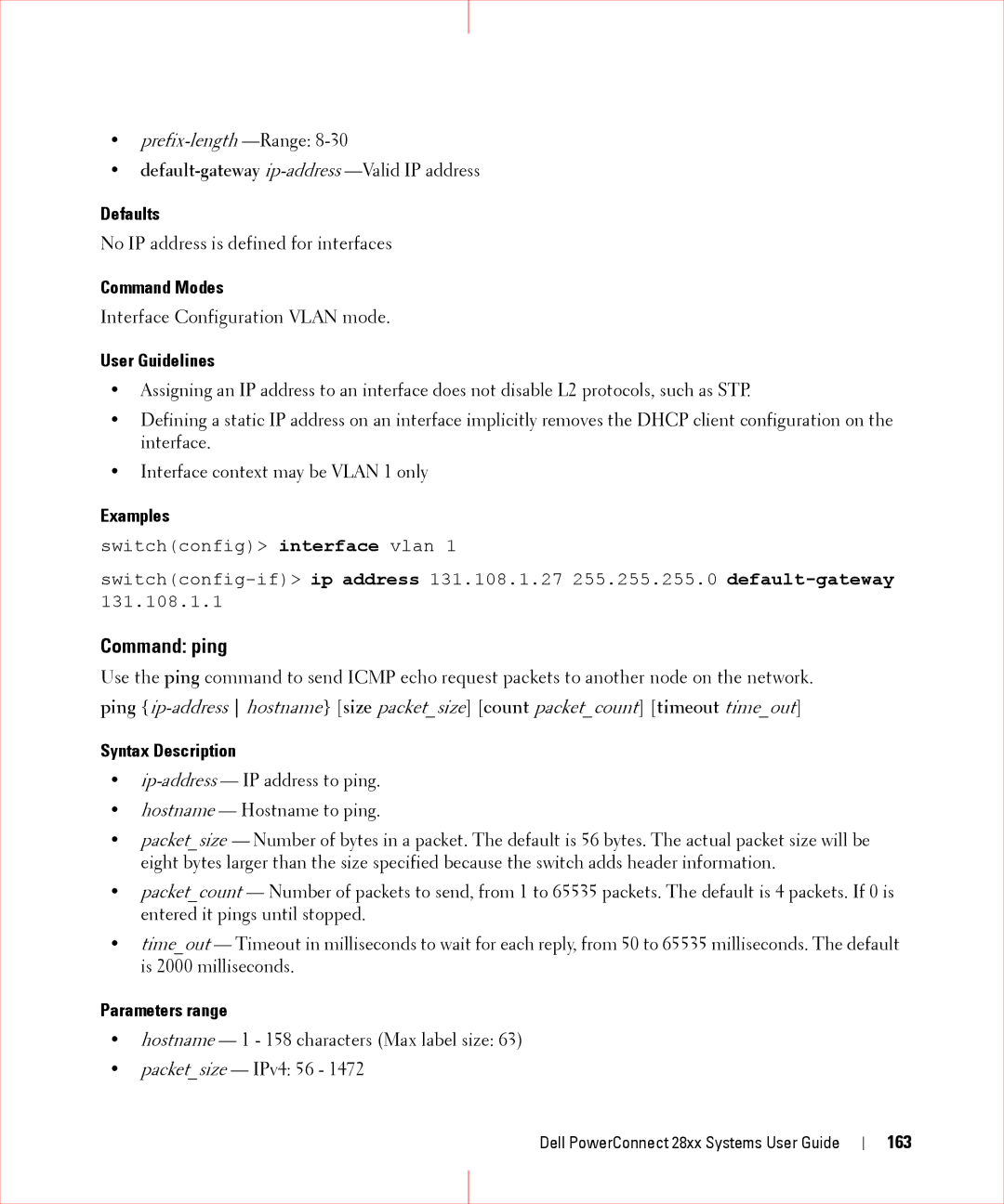 Dell 28XX manual Command ping, Defaults, User Guidelines, 163 