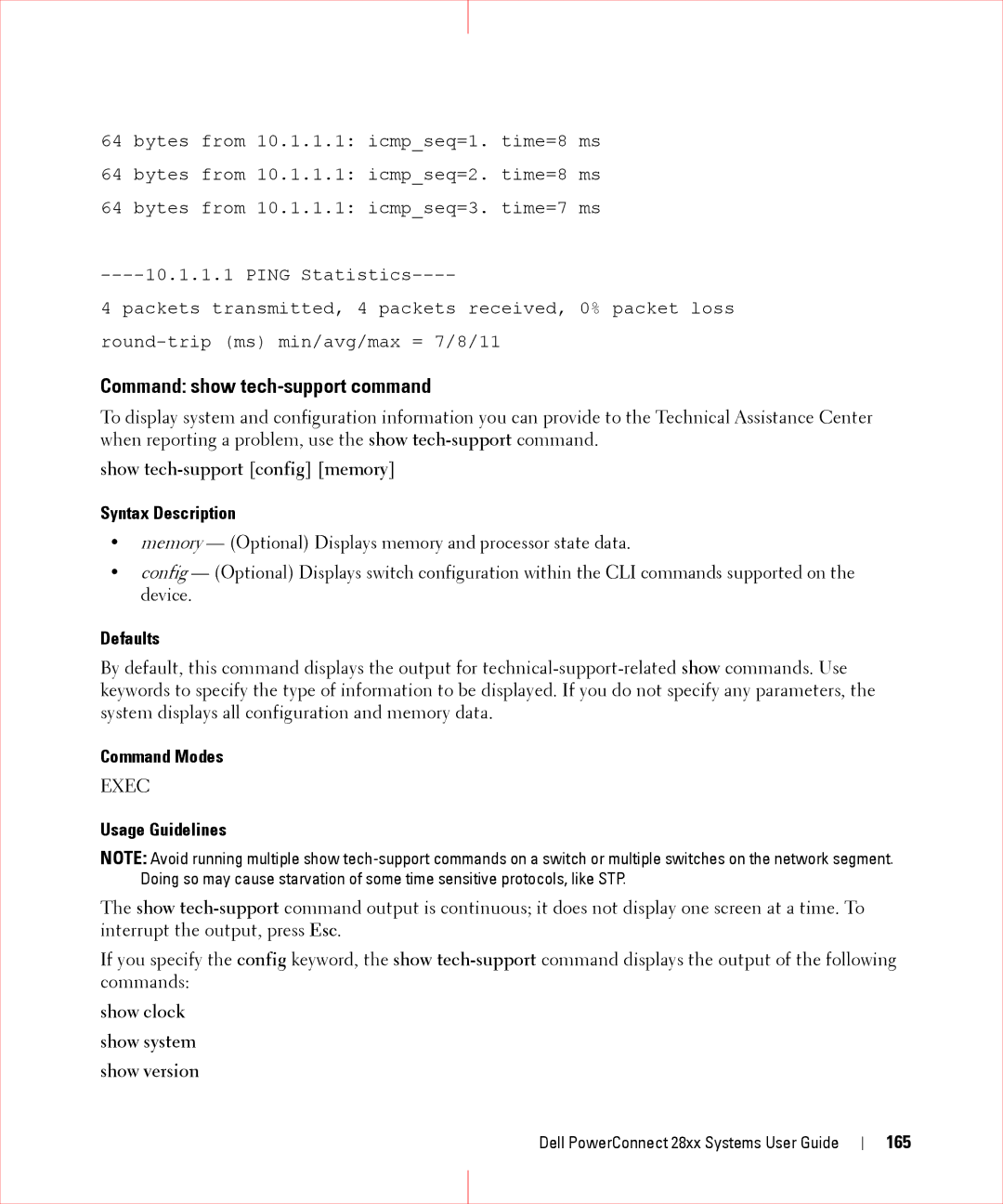 Dell 28XX Command show tech-support command, Show tech-support config memory, Show clock show system show version, 165 