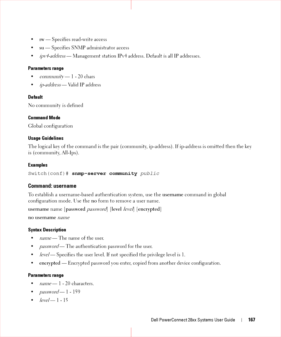 Dell 28XX manual Command username, Default, 167 