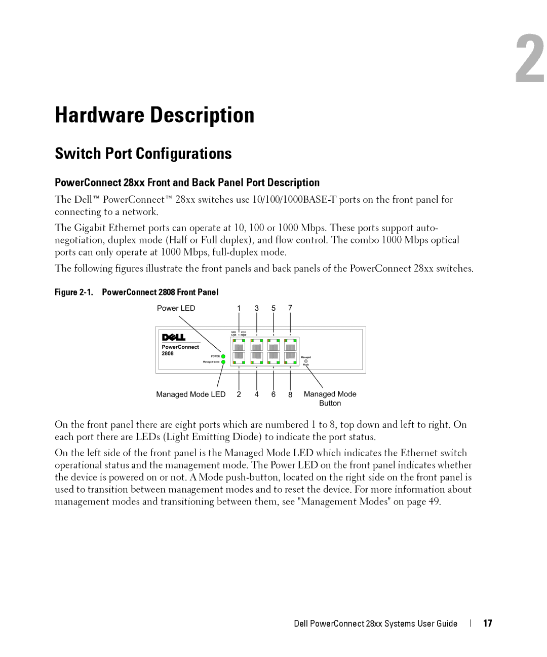 Dell 28XX manual Switch Port Configurations, PowerConnect 28xx Front and Back Panel Port Description 