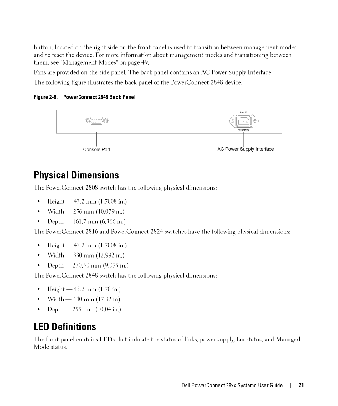 Dell 28XX manual Physical Dimensions, LED Definitions 