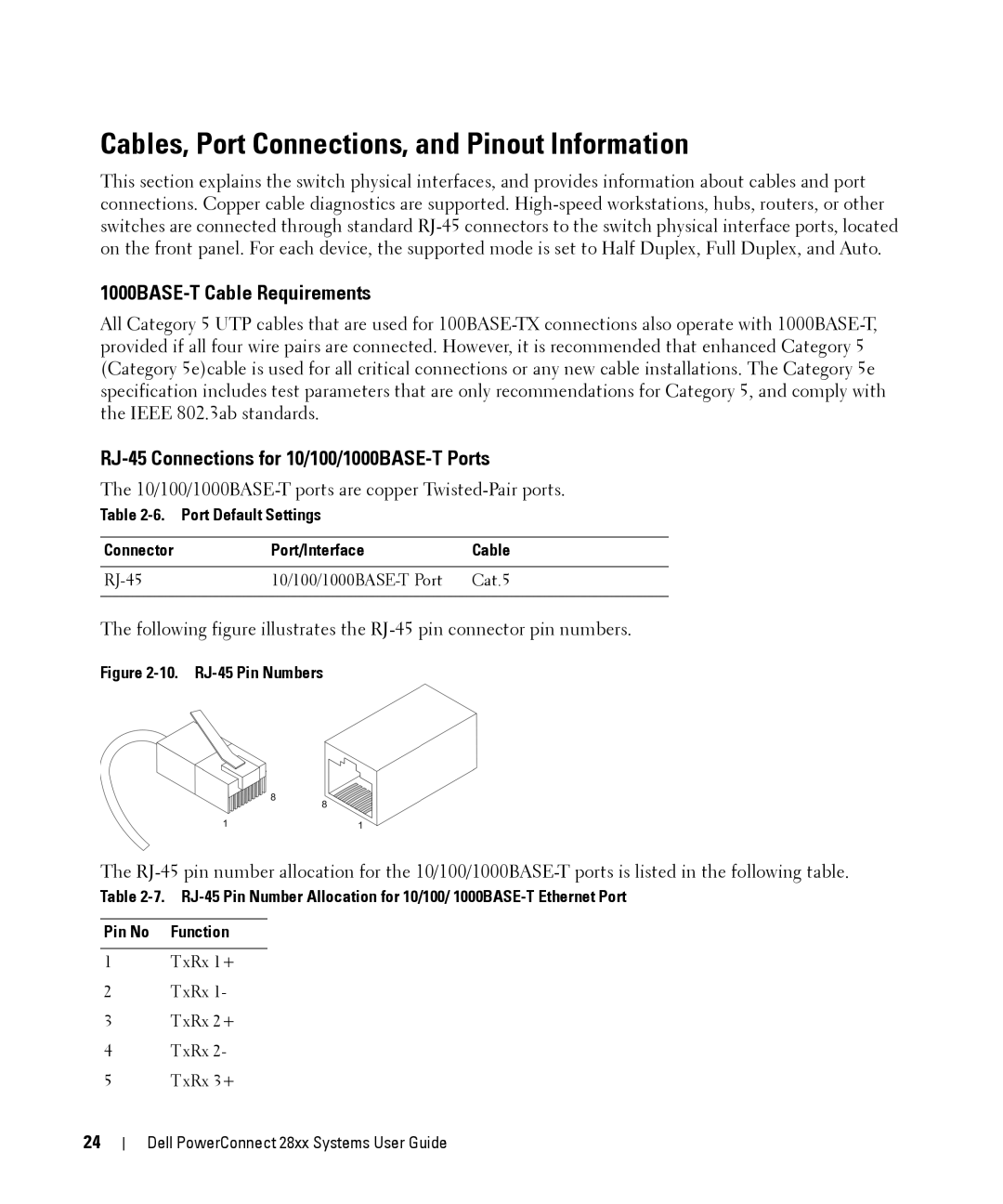 Dell 28XX manual Cables, Port Connections, and Pinout Information, 1000BASE-T Cable Requirements 