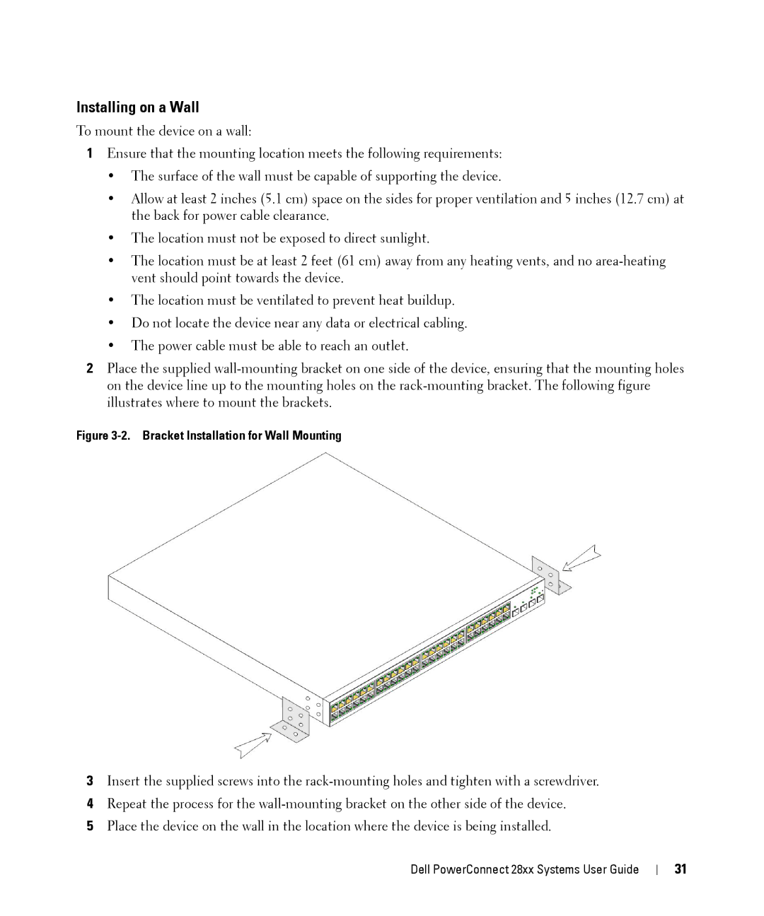 Dell 28XX manual Installing on a Wall, Bracket Installation for Wall Mounting 