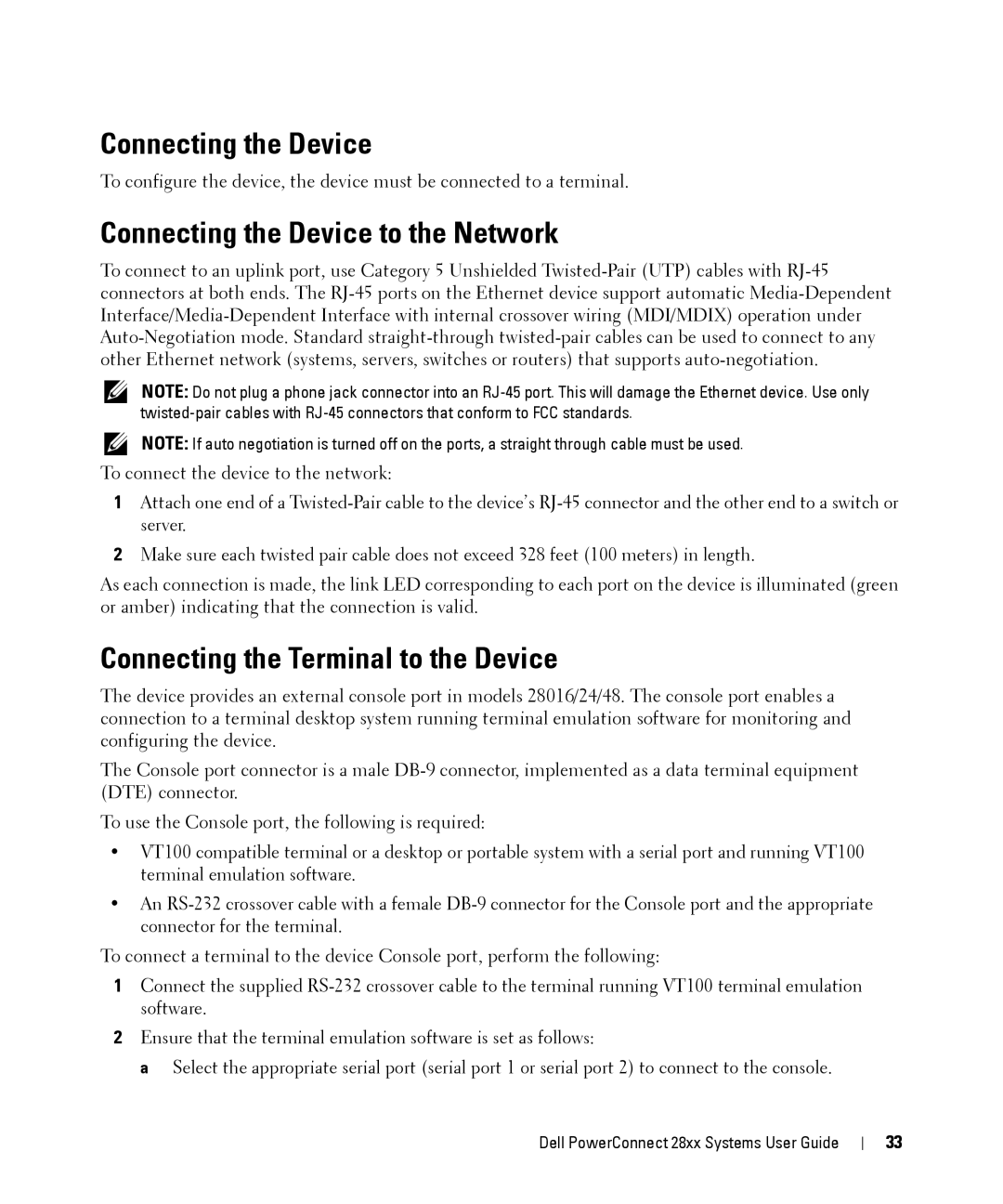 Dell 28XX manual Connecting the Device to the Network, Connecting the Terminal to the Device 