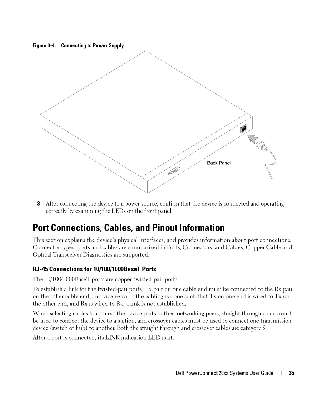 Dell 28XX manual Port Connections, Cables, and Pinout Information, RJ-45 Connections for 10/100/1000BaseT Ports 