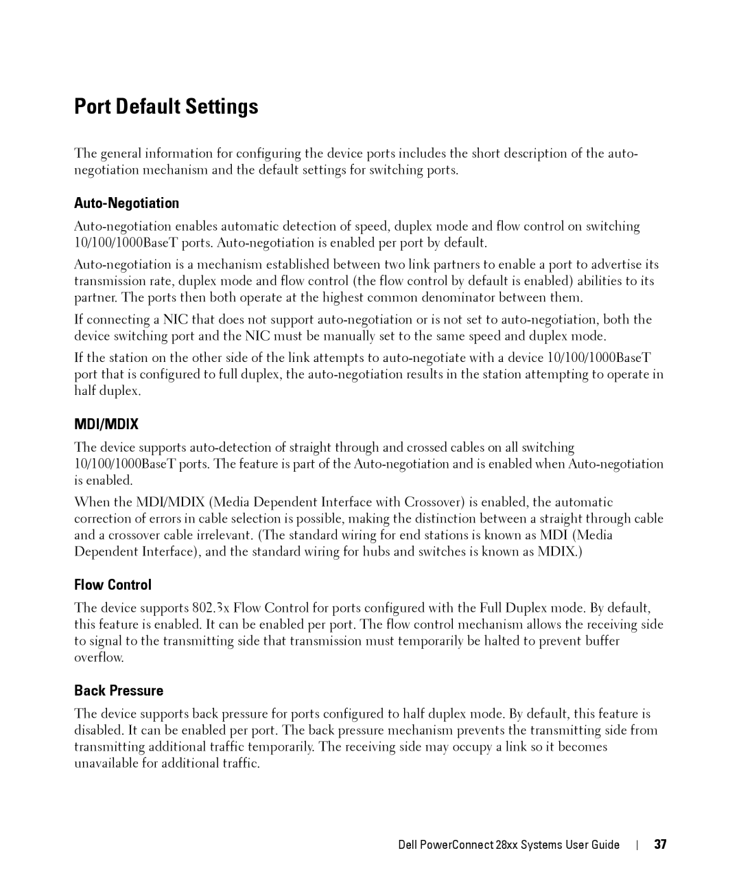 Dell 28XX manual Port Default Settings, Auto-Negotiation, Flow Control, Back Pressure 