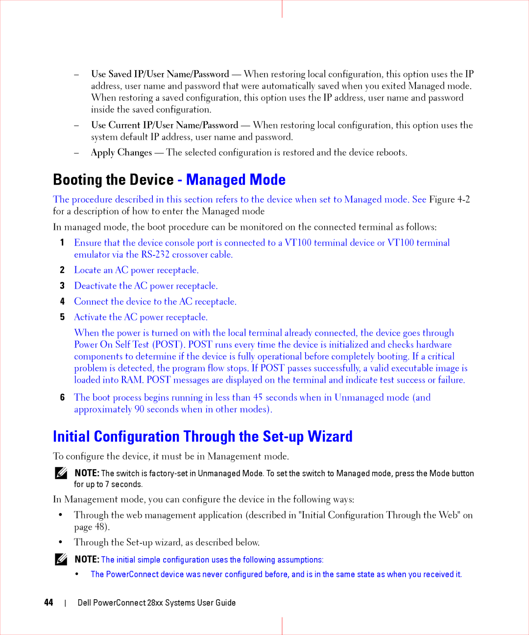 Dell 28XX manual Booting the Device Managed Mode, Initial Configuration Through the Set-up Wizard 