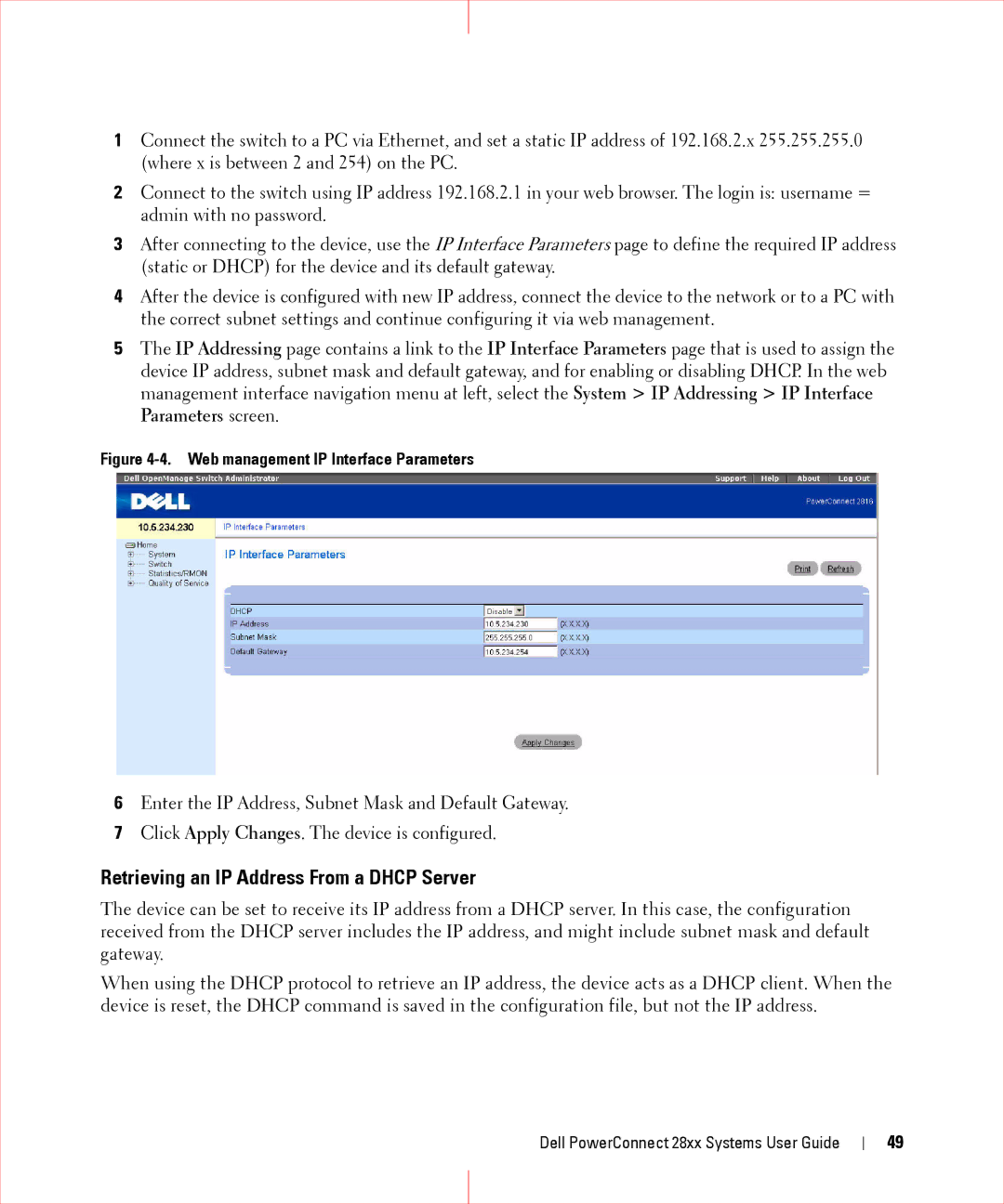 Dell 28XX manual Retrieving an IP Address From a Dhcp Server, Web management IP Interface Parameters 