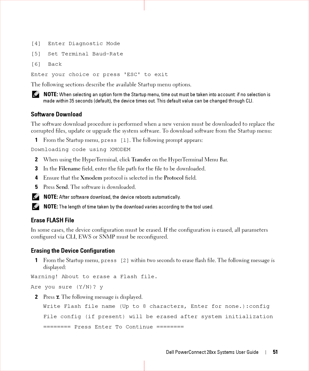 Dell 28XX manual Software Download, Erase Flash File, Erasing the Device Configuration 