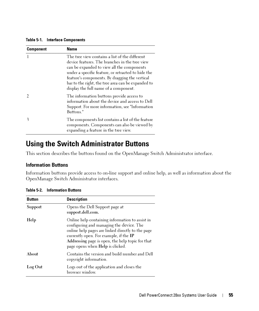 Dell 28XX manual Using the Switch Administrator Buttons, Information Buttons 