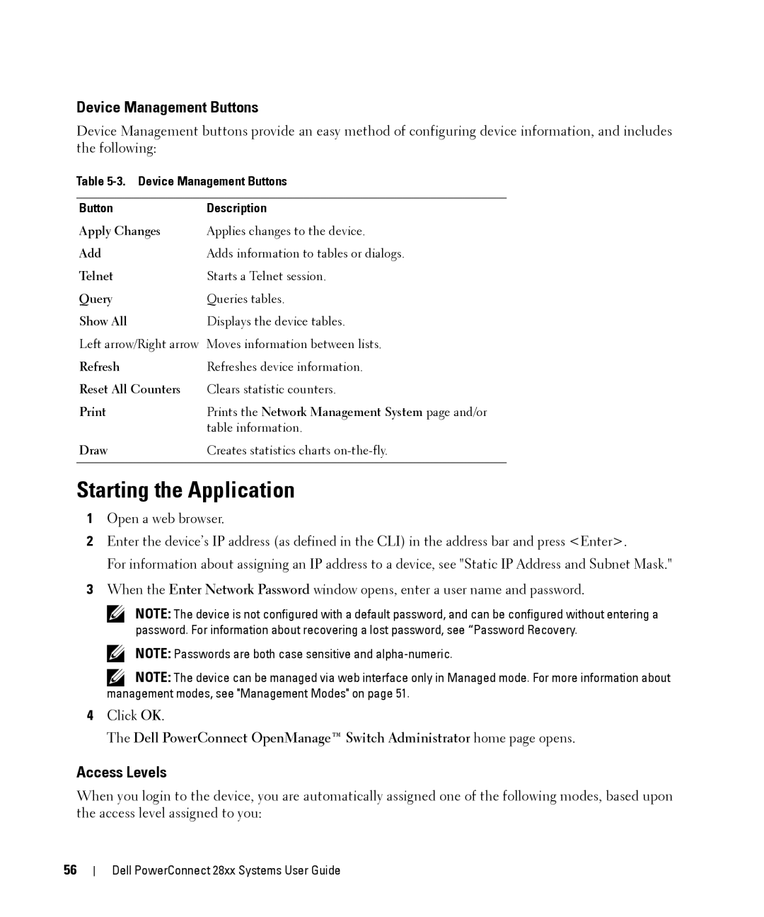 Dell 28XX manual Starting the Application, Device Management Buttons, Access Levels 