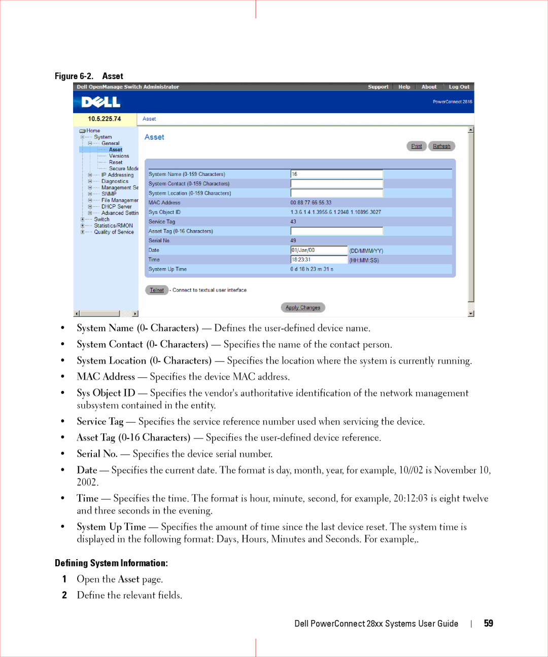 Dell 28XX manual Defining System Information, Asset 