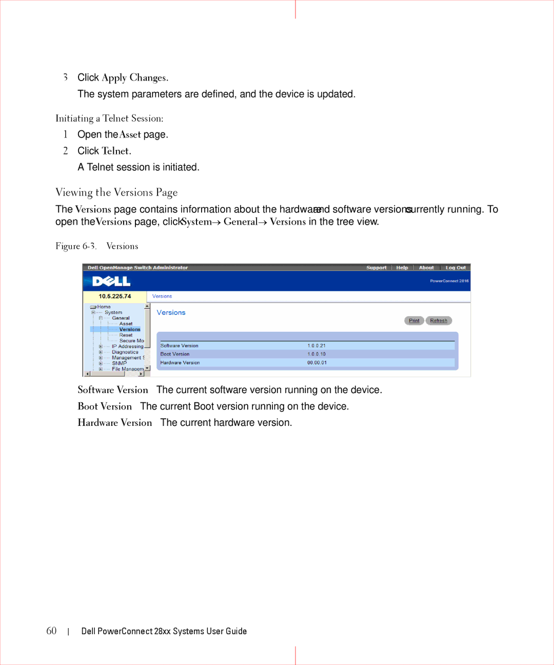 Dell 28XX manual Viewing the Versions, Click Apply Changes, Initiating a Telnet Session 