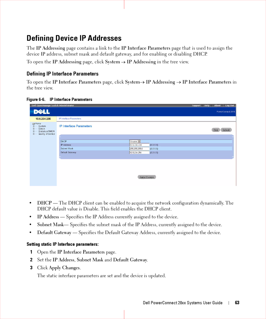 Dell 28XX manual Defining Device IP Addresses, Defining IP Interface Parameters, Setting static IP Interface parameters 