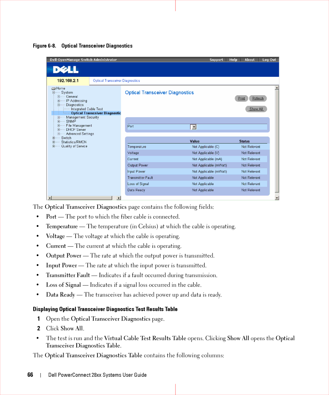 Dell 28XX manual Open the Optical Transceiver Diagnostics Click Show All 