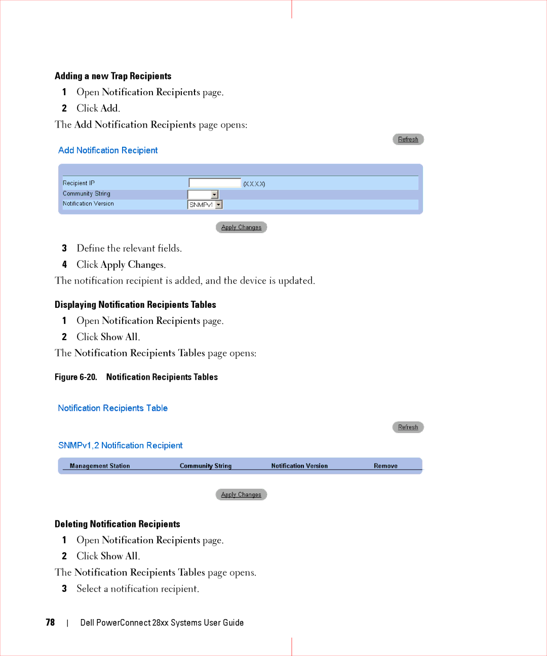 Dell 28XX manual Adding a new Trap Recipients, Open Notification Recipients, Add Notification Recipients page opens 