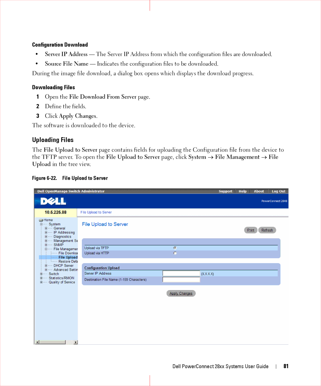 Dell 28XX manual Uploading Files, Configuration Download, Downloading Files, Open the File Download From Server 