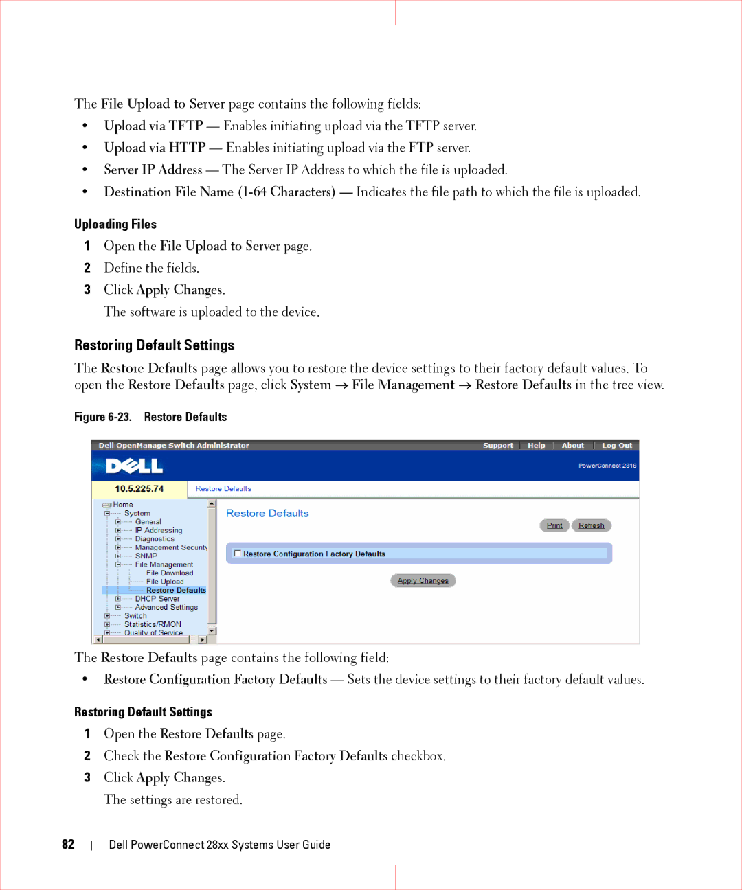 Dell 28XX manual Restoring Default Settings, Uploading Files, Open the File Upload to Server 