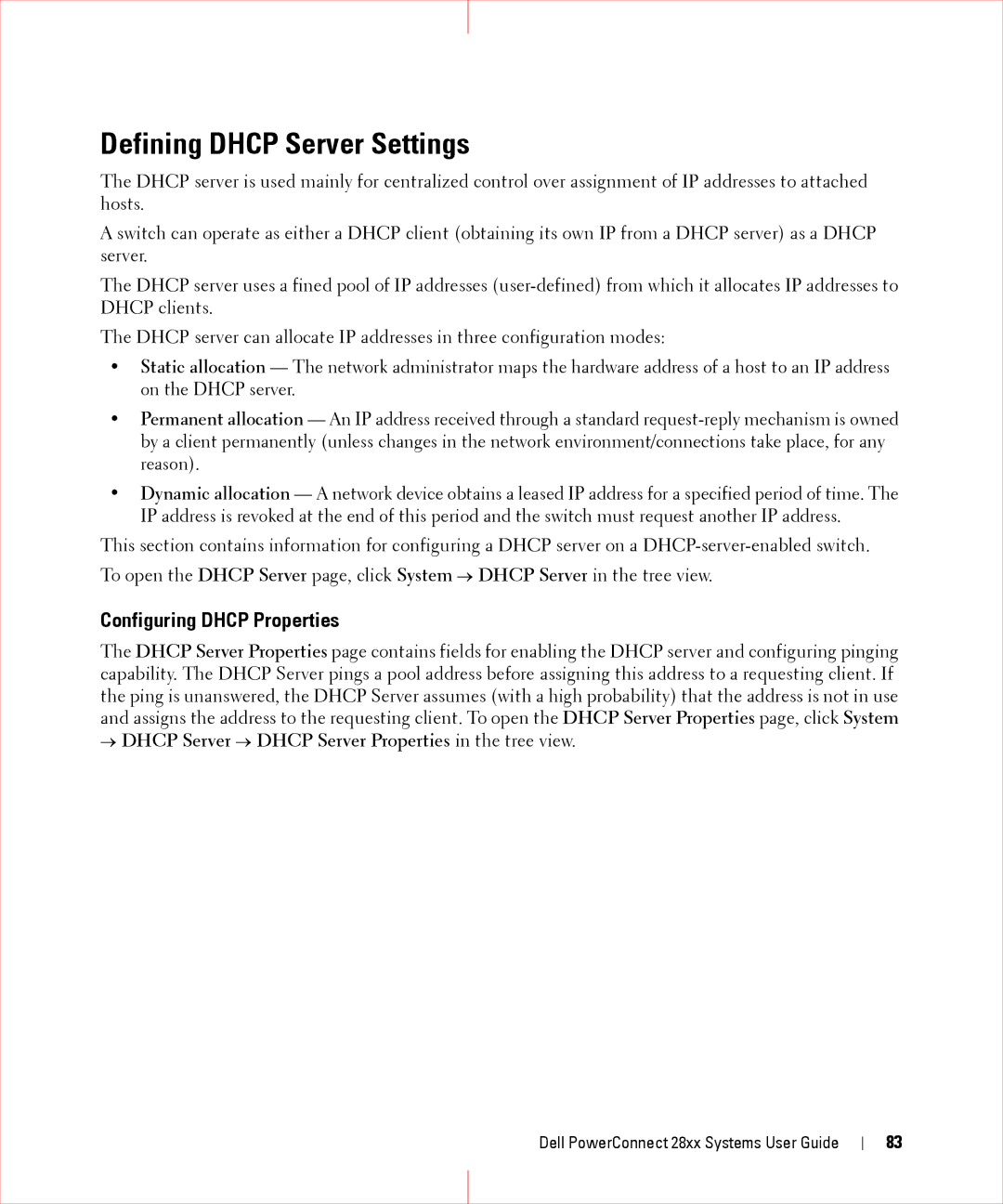 Dell 28XX manual Defining Dhcp Server Settings, Configuring Dhcp Properties 