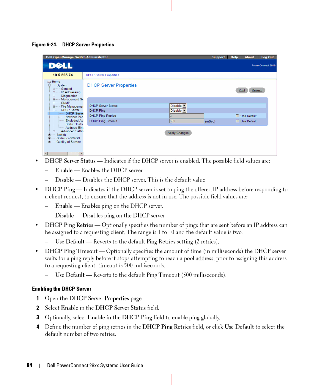 Dell 28XX manual Enabling the Dhcp Server, Dhcp Server Properties 