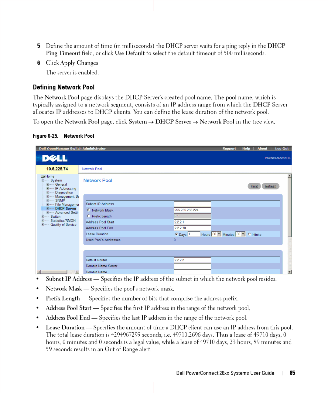 Dell 28XX manual Defining Network Pool, Click Apply Changes. The server is enabled 