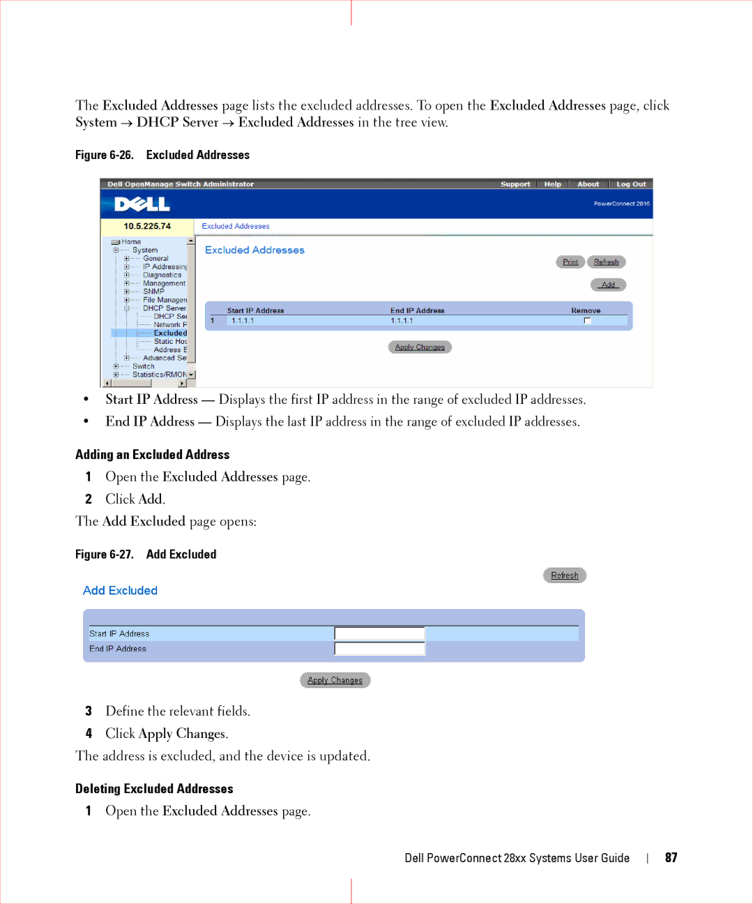 Dell 28XX manual Adding an Excluded Address, Open the Excluded Addresses, Deleting Excluded Addresses 