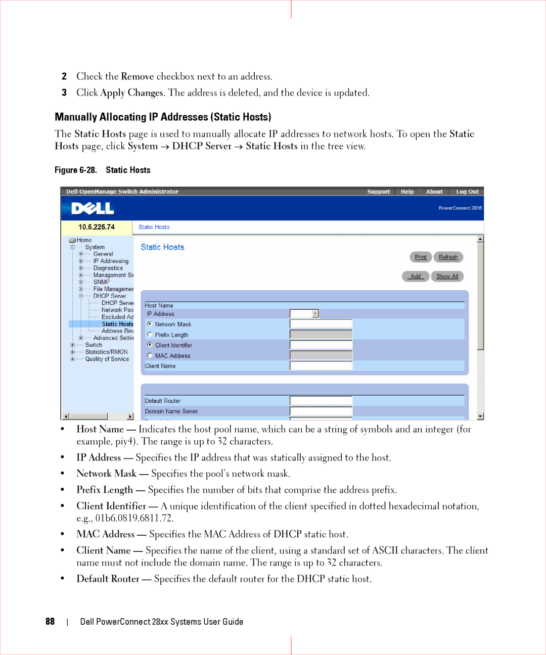 Dell 28XX manual Manually Allocating IP Addresses Static Hosts 