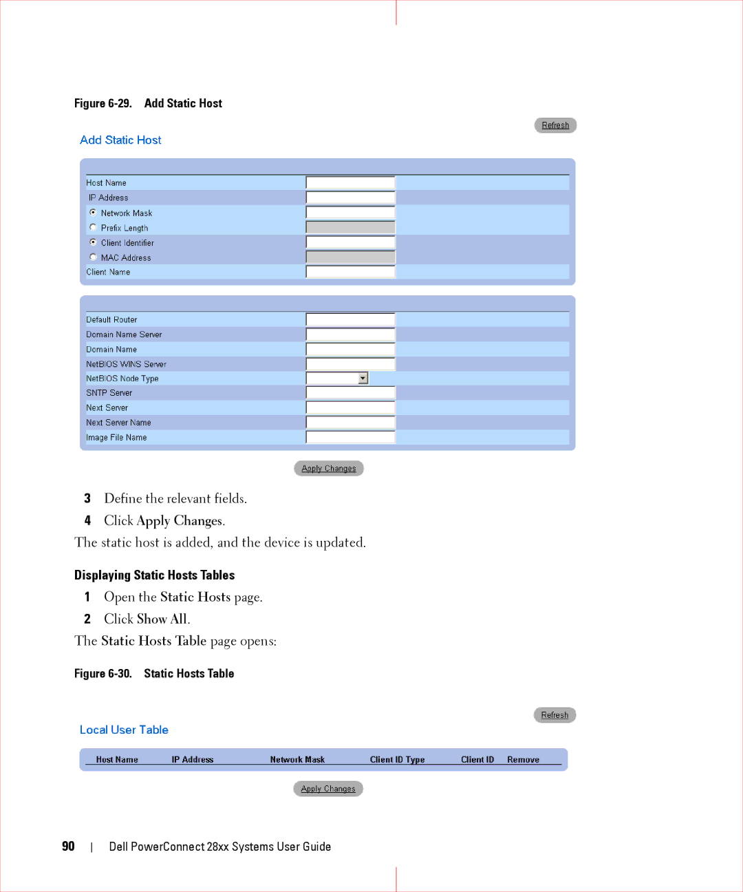 Dell 28XX manual Displaying Static Hosts Tables, Click Show All Static Hosts Table page opens 